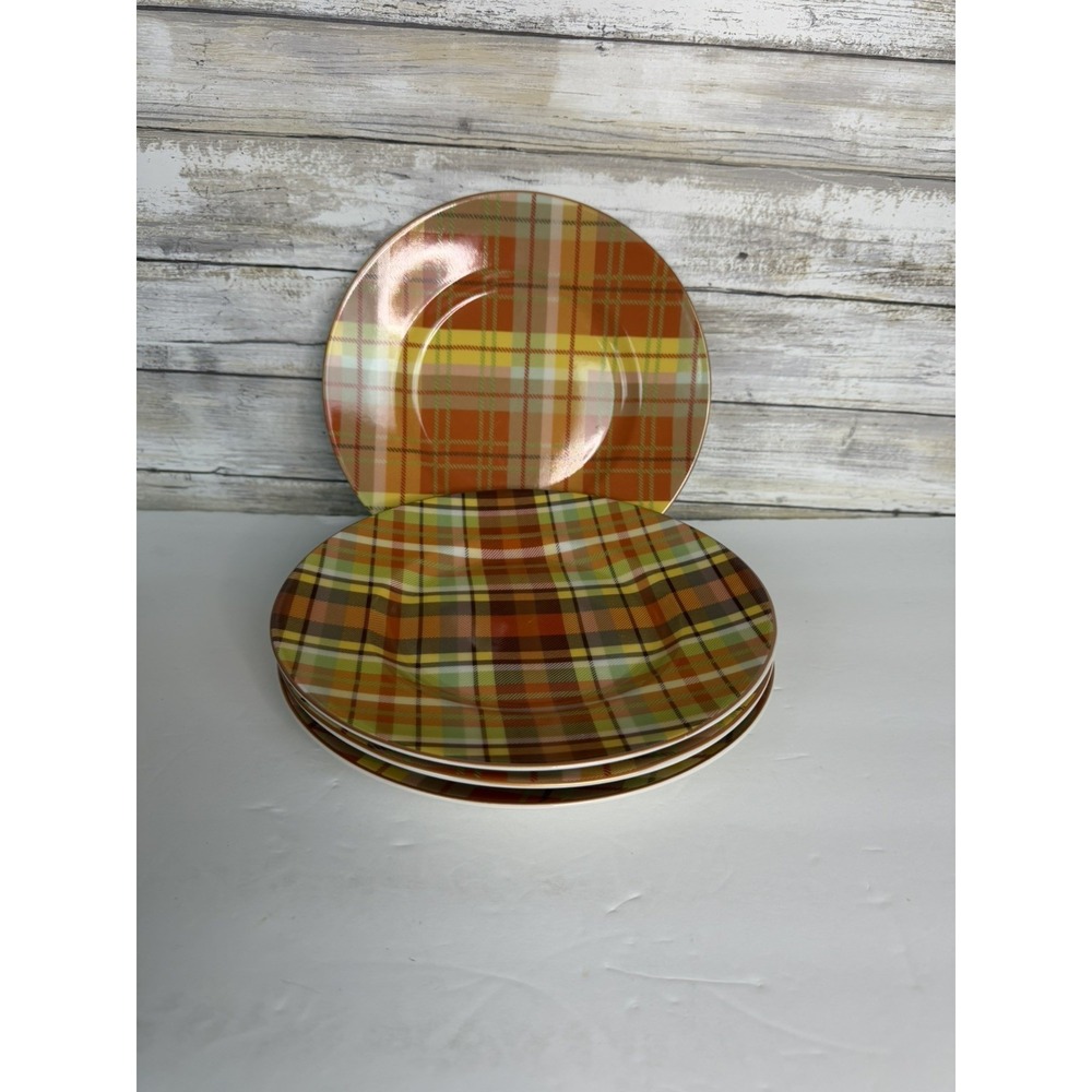 Pier 1 Harvest Plaid Salad Dessert Plate Brown Orange Green Gold Set of 4  8.5"
